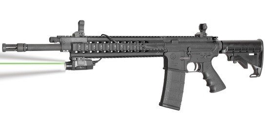 Here the Viridian X5L-RS is mounted to a Ruger 556. Note the pressure activated switch on the side rail.