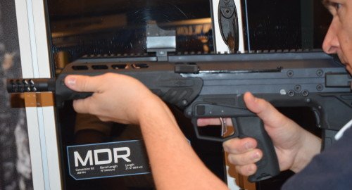 Notice the enlarged trigger, trigger guard, and charging handle on the MDR.