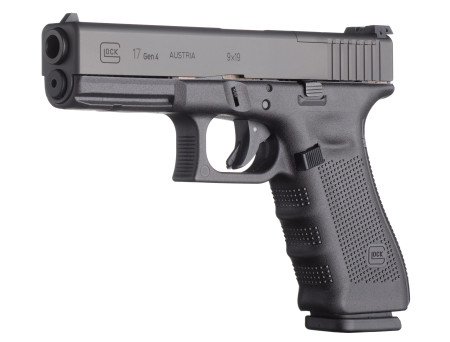 The Glock 17 Gen 4 MOS without mounted reflex sight. Note the cut-out on the slide in front of the rear sight.