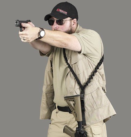 Transitioning to sidearms is easily obtained with the Galco Bungee Sling.