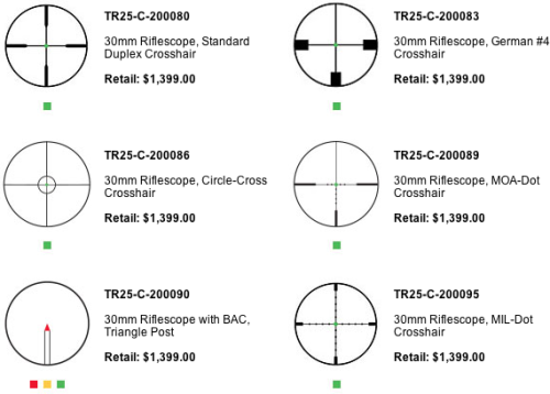 The reticle options for the Trijicon Accupoint 1-6x24mm rifle scope.